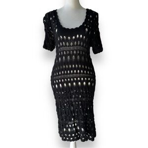 New Kial Black Crochet Knit Short Sleeve Midi Dress or Swim Cover | Large
